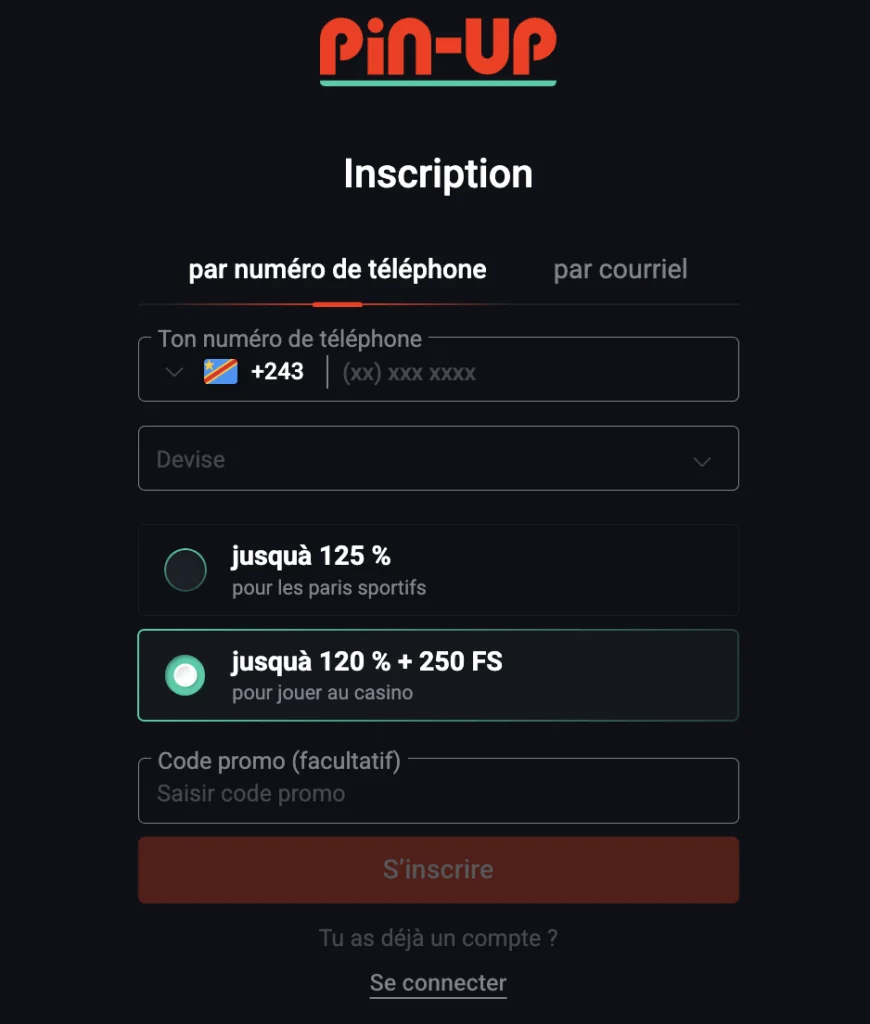 inscription au Pin Up Casino